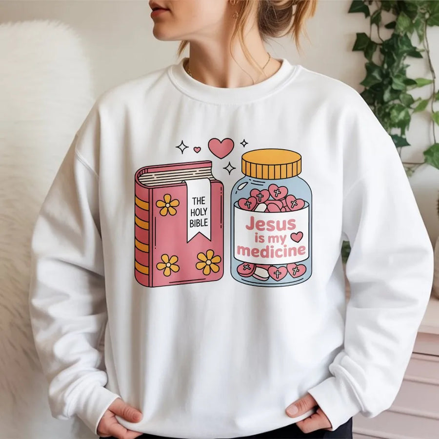 Jesus Is My Medicine Sweatshirt | Cute Bible & Medicine Jar Graphic | Soft Cotton Blend Pullover | Faith Based Religious Gift for Women and Men