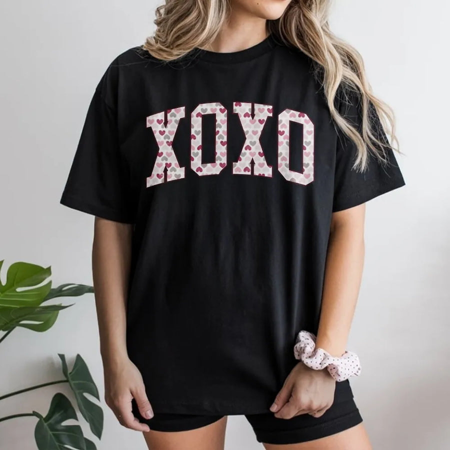 XOXO Valentine T-Shirt | Varsity Letter Heart Pattern Print | Premium Soft Cotton | Cute Valentines Day Gift for Her or Teacher
