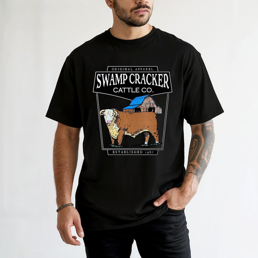 Swamp Cracker Cattle Co T-Shirt | Rustic Barn and Bull Graphic Design | Premium 100% Cotton | Western Country Gift for Farmers and Ranchers