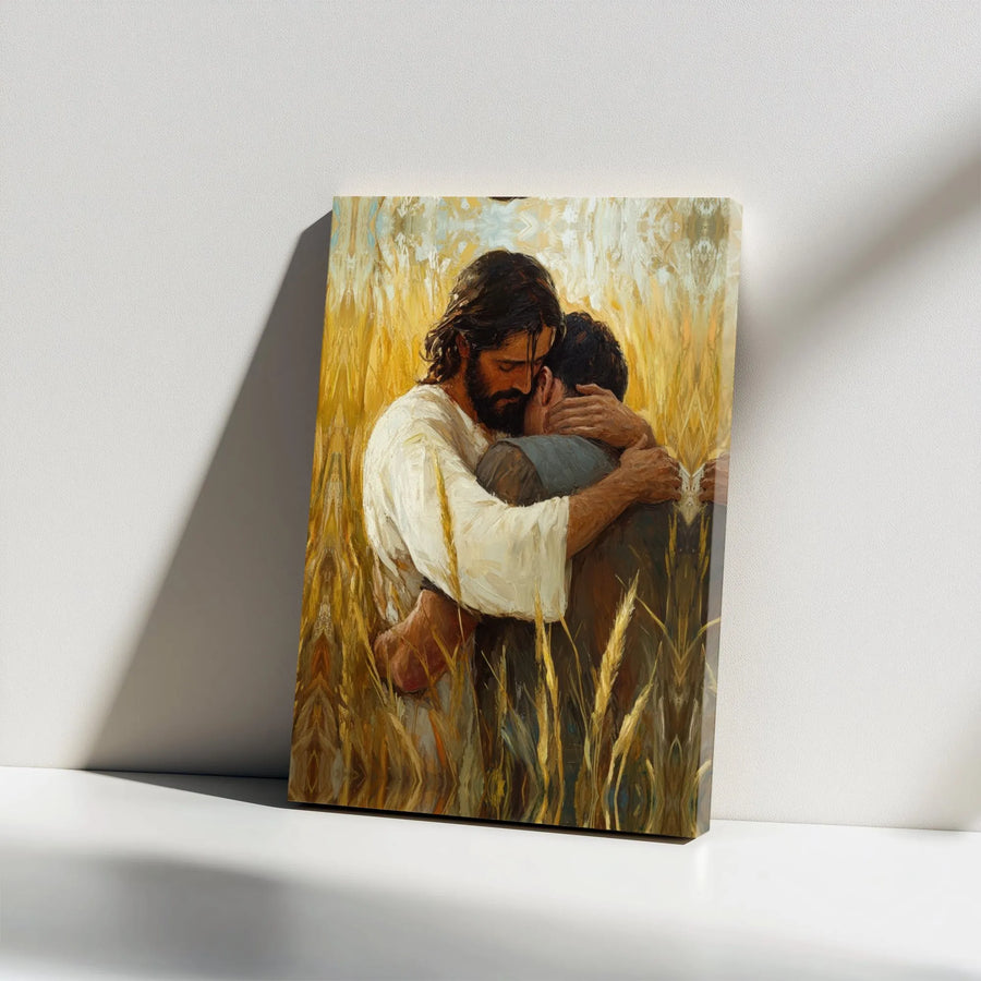 Jesus Christ Embracing Man Canvas Wall Art | Comforting Religious Painting | Premium Gallery Wrap Print | Christian Home Decor Gift