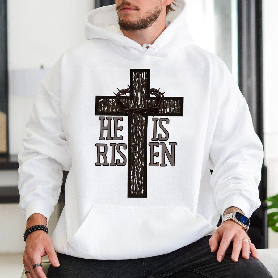 He Is Risen Hoodie | Camo Cross Graphic Religious Apparel | Soft Cotton-Blend Premium Sweatshirt | Easter Christian Gift For Men And Women