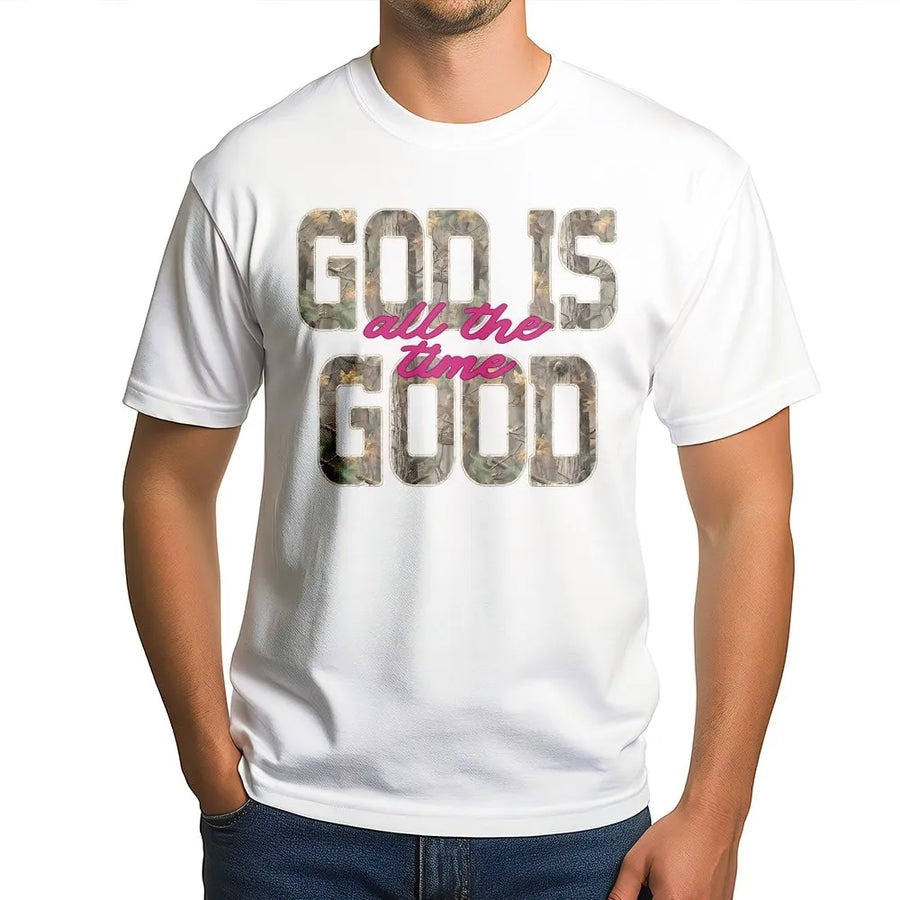 God Is Good All The Time T-Shirt | Retro Distressed Camo Print | Premium Cotton-Blend Fabric | Inspirational Christian Faith Gift