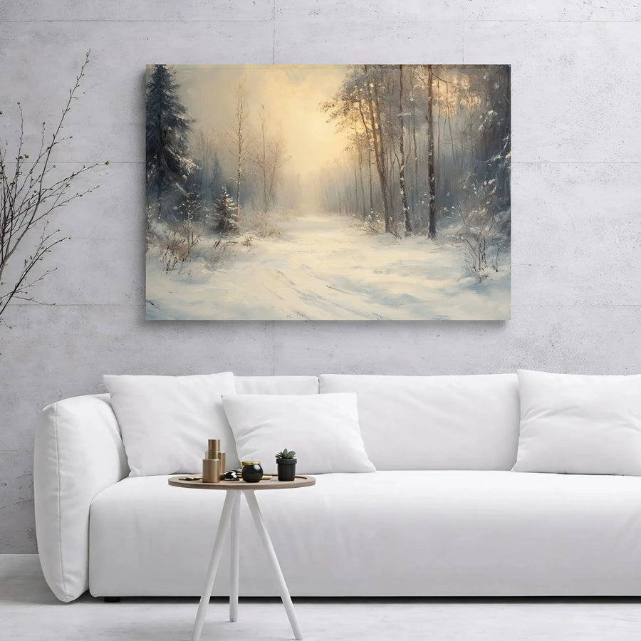 Winter Forest Canvas Wall Art | Snowy Path Sunrise Landscape Painting | Premium 1.25-inch Gallery Wrap | Serene Nature Decor for Living Room
