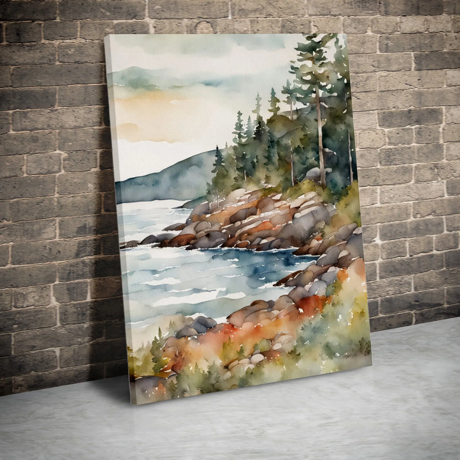 Watercolor Coastal Landscape Vertical Canvas | Rocky Shore Pine Tree Scenery | Premium 1.25" Thick Gallery Wrap | Modern Rustic Home Decor Gift