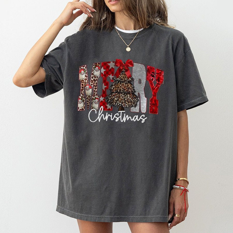 Merry Christmas T-Shirt | Leopard Print Santa Tree Graphic | Soft 100% Cotton Premium Tee | Festive Holiday Gift for Women and Men