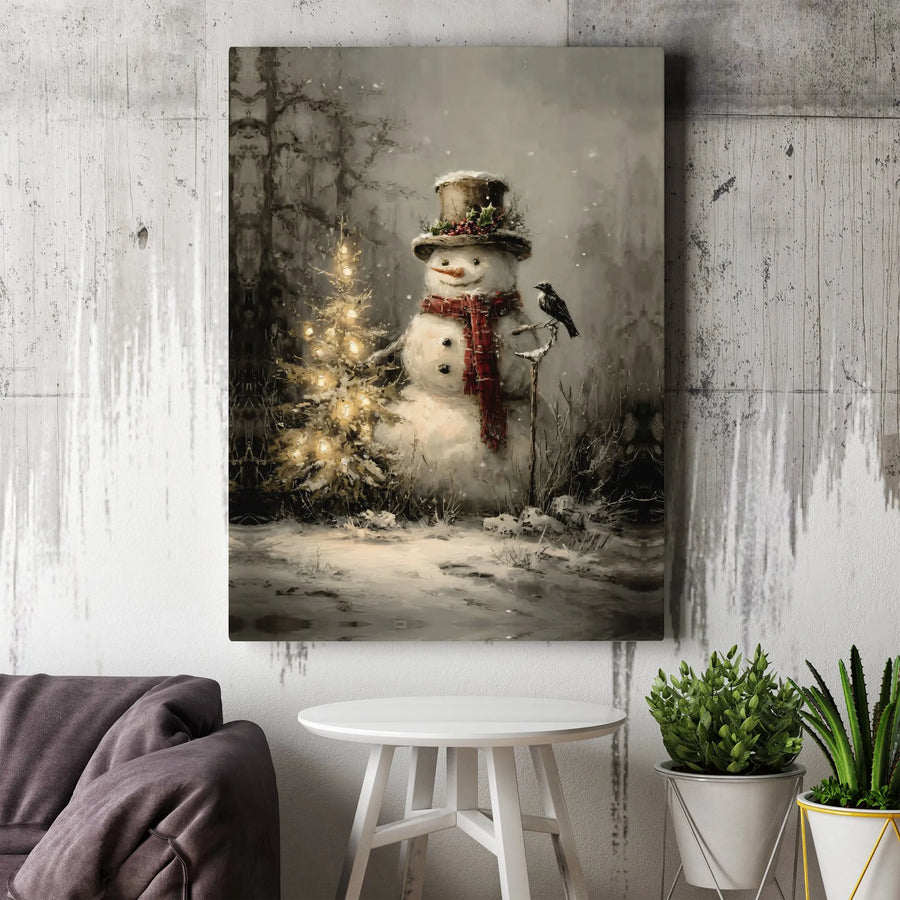 Vintage Snowman Wall Art | Whimsical Christmas Tree & Bird Painting | Premium 1.25" Gallery Canvas | Festive Holiday Home Decor Gift