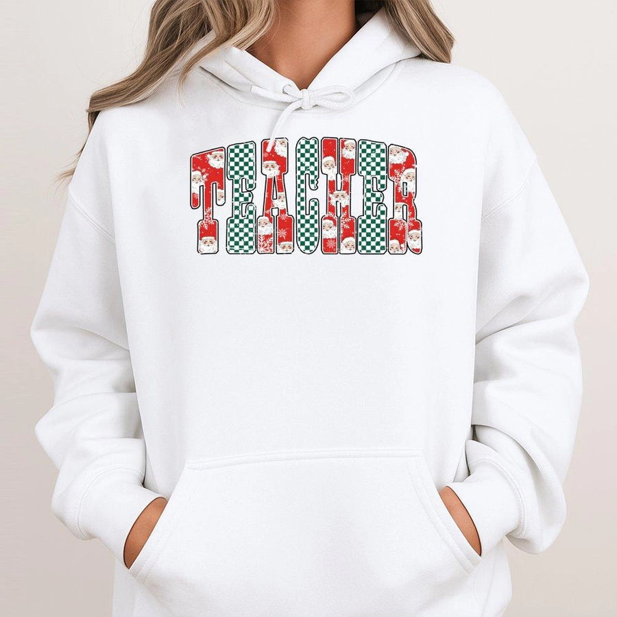 Teacher Christmas Hoodie | Festive Santa And Checkered Print | Premium Cotton-Poly Blend | Cute Holiday Teacher Gift Apparel For Educators