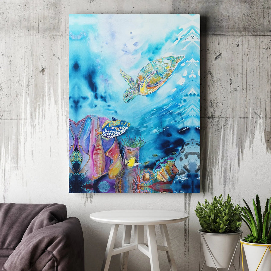 Sea Turtle Wall Art | Watercolor Ocean Coral Reef Print | 1.25-Inch Gallery Wrapped Canvas | Coastal Bathroom or Living Room Decor Gift