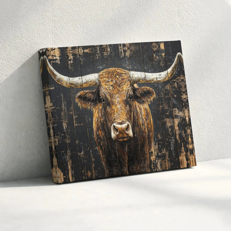 Texas Longhorn Canvas Wall Art | Textured Western Bull Painting on Distressed Wood Panel Style | Premium Gallery Wrapped Canvas | Farmhouse Living Room Decor Gift for Men