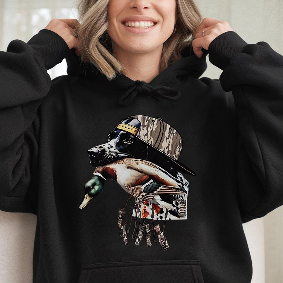 Duck Hunting Dog Hoodie | Camo Hat Sporting Dog Graphic | Premium Cotton Blend | Gift For Waterfowl Hunters Outdoorsmen