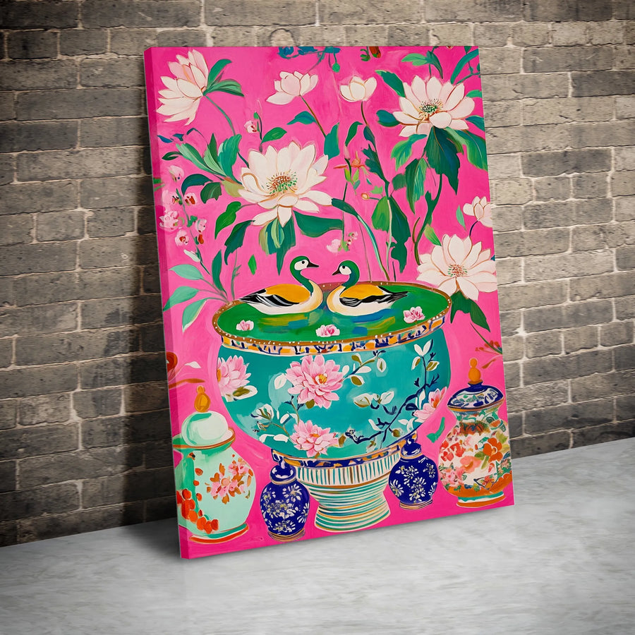 Chinoiserie Duck Wall Art | Mandarin Ducks In Turquoise Bowl Floral Print | Premium Gallery Wrap Canvas | Elegant Maximalist Home Decor Gift