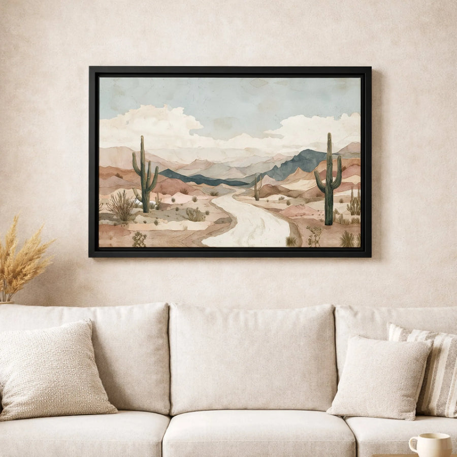 Southwestern Desert Canvas Wall Art | Watercolor Saguaro Cactus Mountain Landscape | Premium Gallery-Wrapped Print | Modern Home & Office Decor