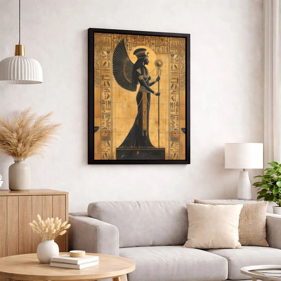 Ancient Egyptian Goddess Canvas Print | Isis Winged Deity Wall Art | Premium Gold & Black Decor | Mythological Historical Home Office Gift