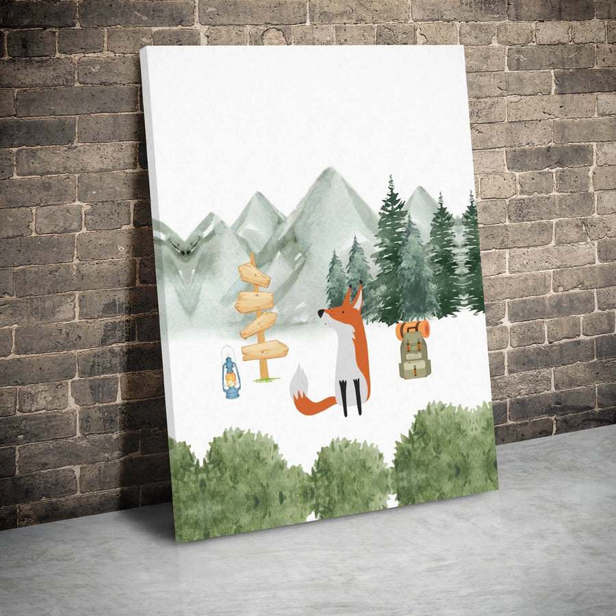 Watercolor Fox Camping Wall Art | Adventure Mountain Landscape Print | Premium Gallery Wrap Canvas | Nursery Or Cabin Decor Gift
