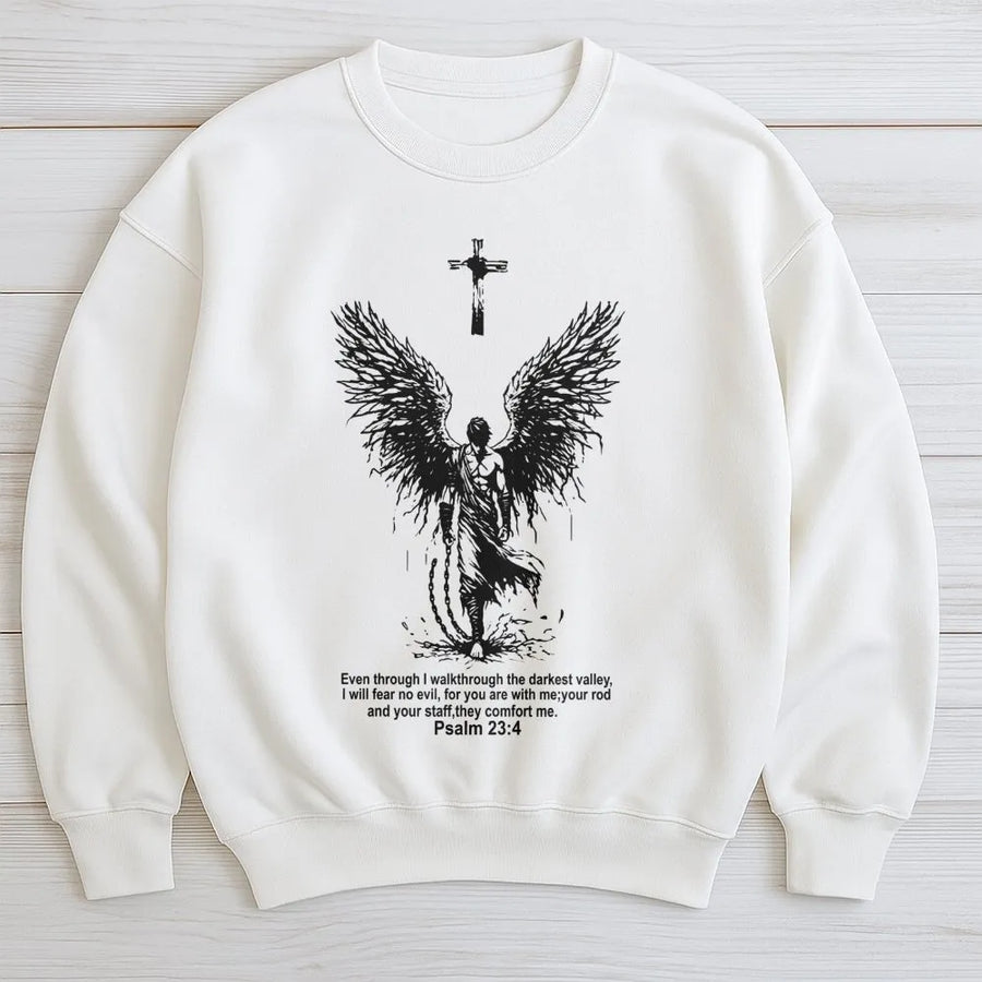 Psalm 23:4 Christian Sweatshirt | Darkest Valley Angel Wings Graphic | Premium Cotton Blend | Faith-Based Religious Gift for Men and Women