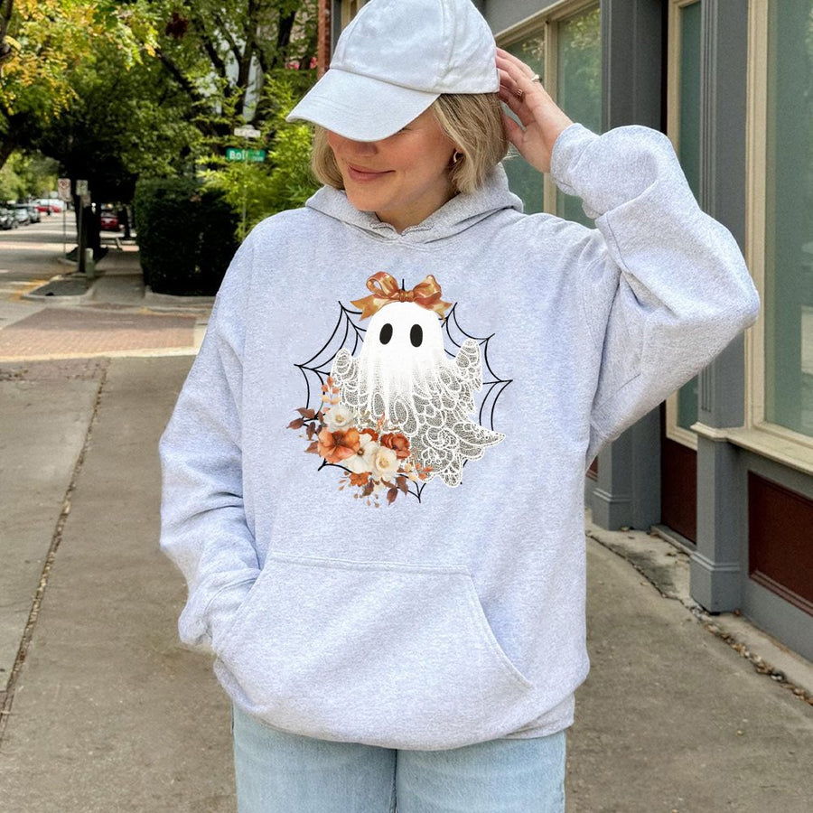 Lace Ghost Hoodie | Coquette Bow Floral Fall Design | Soft Cotton-Poly Premium Pullover | Trendy Halloween Gift For Women