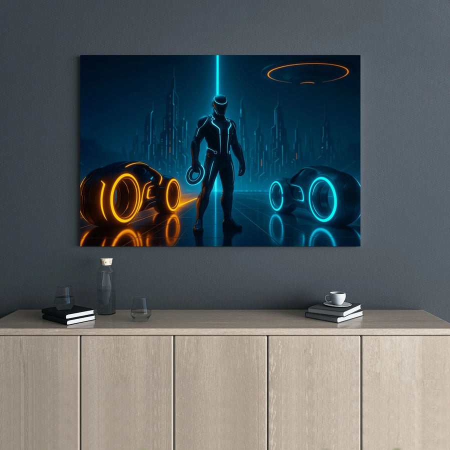 Cyberpunk Sci-Fi Canvas Wall Art | Neon Light Cycle Futuristic Character | 1.25 Inch Gallery Wrap | Gamer Room Decor & Gift for Tech Enthusiasts