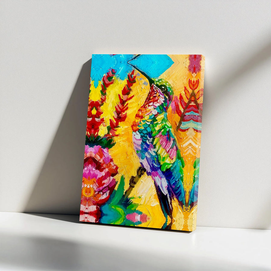Colorful Hummingbird Canvas Wall Art | Abstract Oil Painting Print | Premium Gallery Wrap 1.25" Frame | Vibrant Nature Home Decor Gift for Bird Lovers