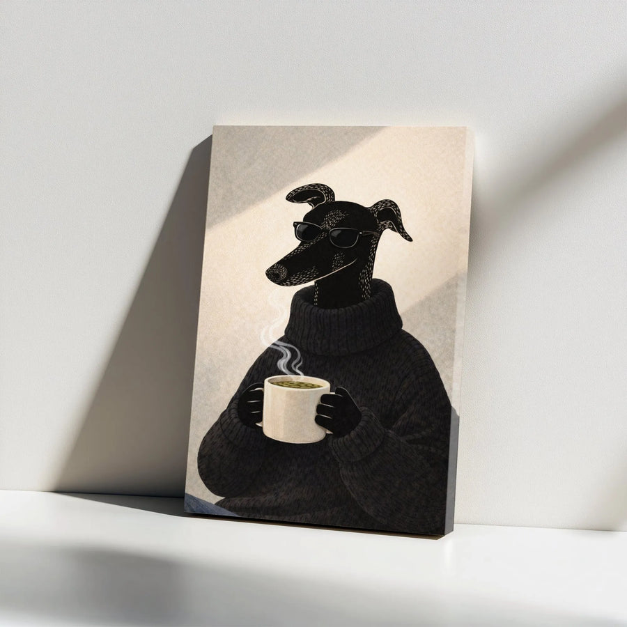 Greyhound Dog Coffee Wall Art | Stylish Whippet In Sweater And Sunglasses | Premium Gallery Wrapped Canvas | Quirky Animal Portrait Decor Gift