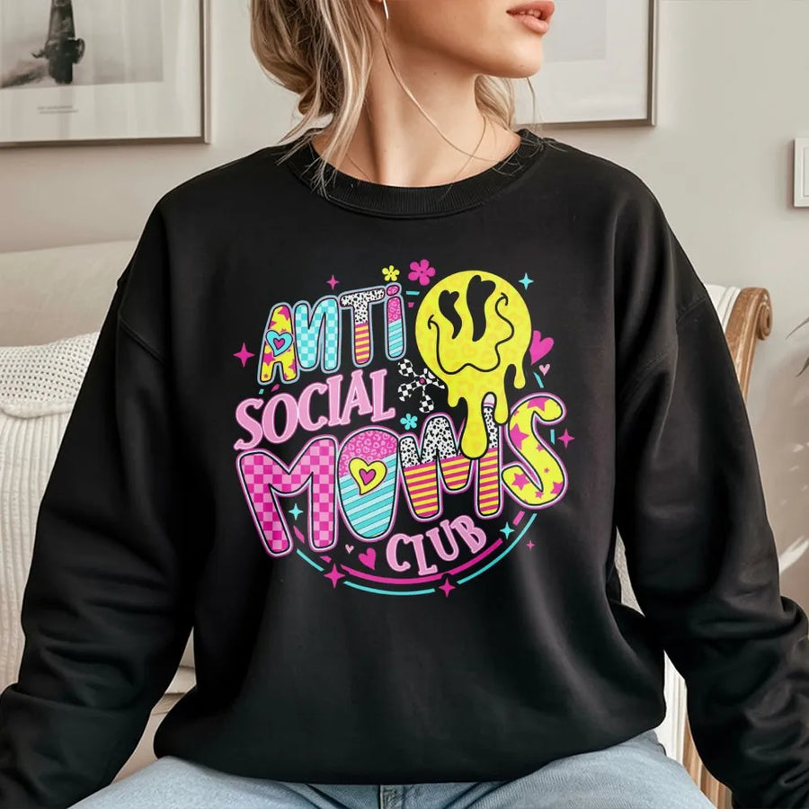 Anti Social Moms Club Sweatshirt | Retro Y2K Smiley Face Graphic | Premium Cotton Blend | Funny Motherhood Gift for Her