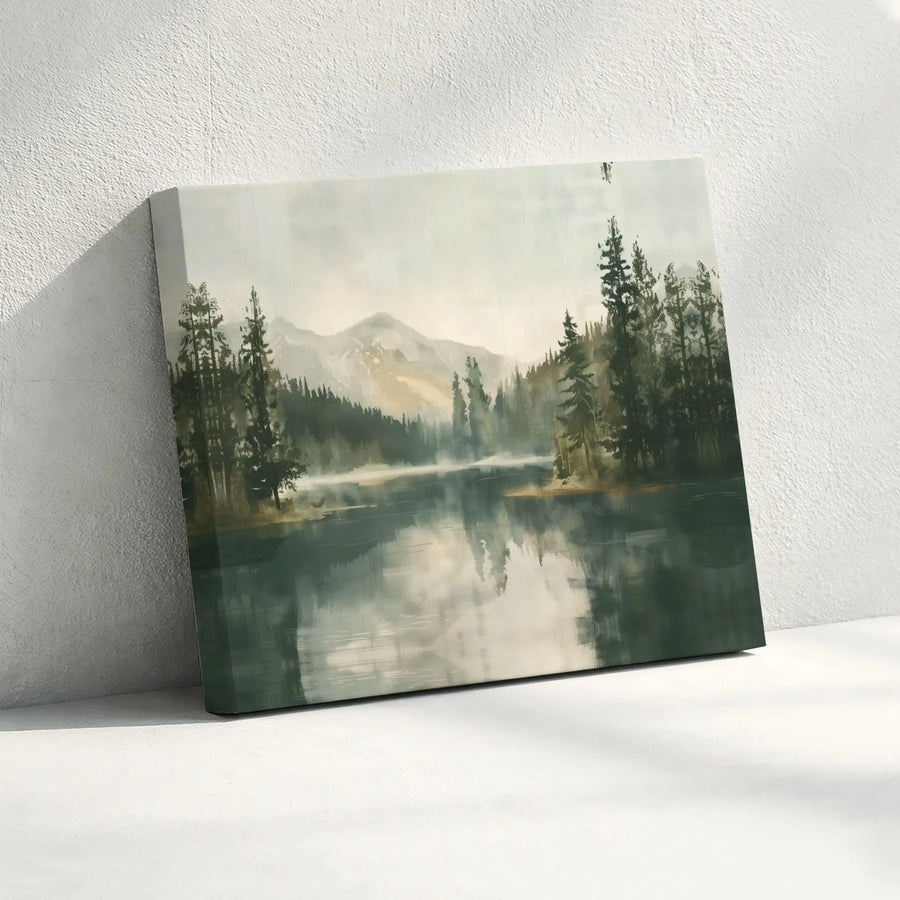Misty Mountain Lake Canvas Art | Pine Forest Nature Landscape | Premium Gallery Wrapped Wall Decor | Serene Home Office Gift