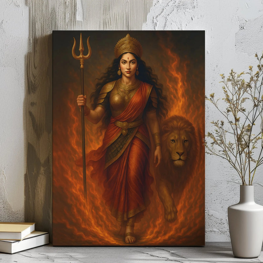Goddess Durga Wall Art Canvas | Warrior Mother With Lion & Trident | Premium Gallery Wrap Print | Spiritual Home Decor Gift