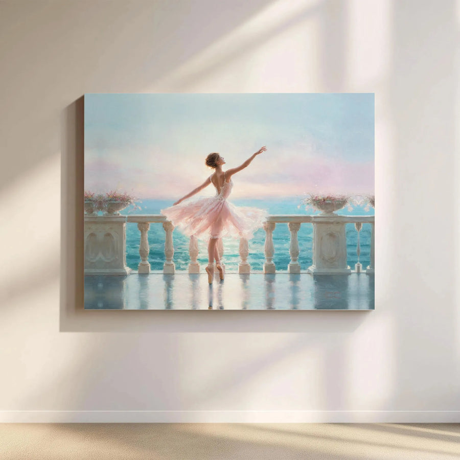 Ballerina Wall Art | Pink Tutu Dancer Ocean View Landscape | Premium Gallery Wrap Canvas | Elegant Home Decor Gift for Dance Lovers
