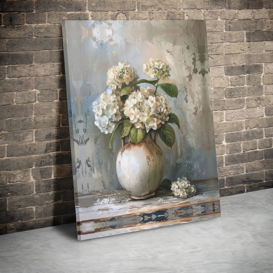 White Hydrangea Floral Canvas Art | Rustic Still Life Flower Painting | 1.25 Inch Gallery Wrap Premium Wall Decor | Elegant Farmhouse Home Gift