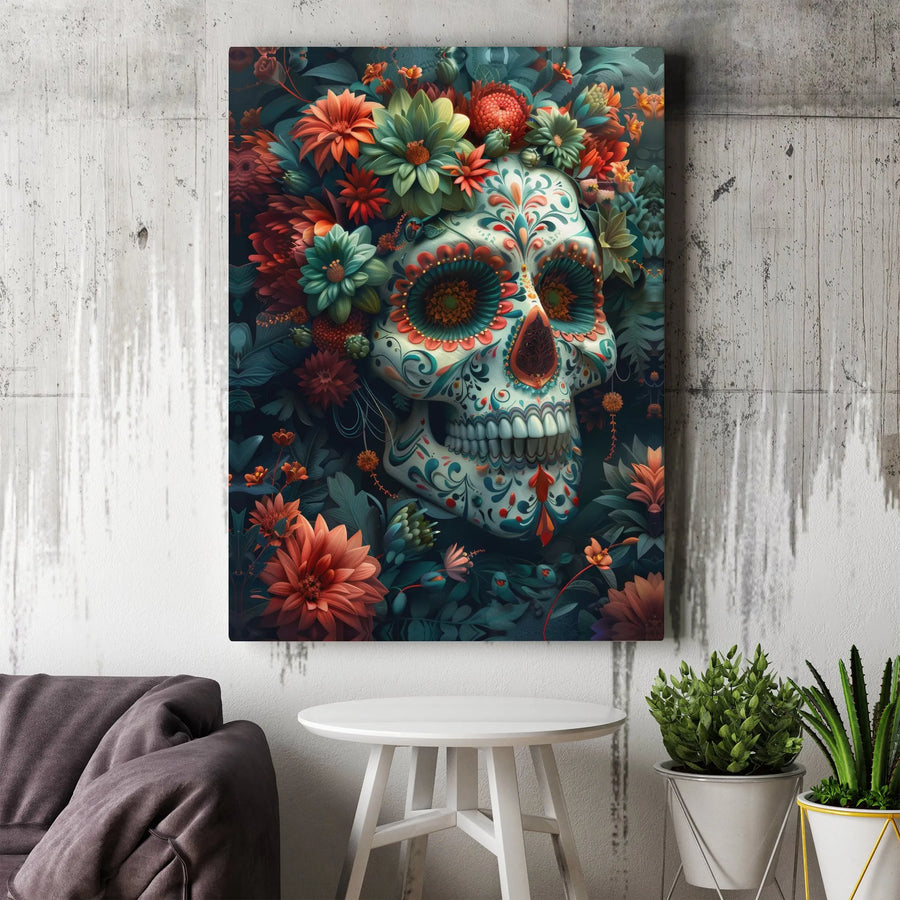 Floral Sugar Skull Wall Art | Day of the Dead Canvas Print | Premium Gallery Wrapped Decor | Dia de los Muertos Gothic Home Gift