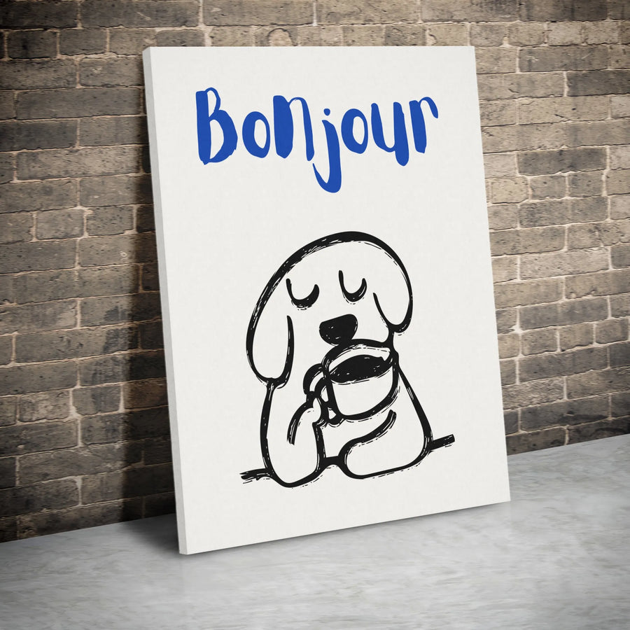 Bonjour Dog Coffee Canvas Wall Art | Whimsical Minimalist Animal Sketch | Premium Fade-Resistant Print | Cute Kitchen or Coffee Bar Decor Gift