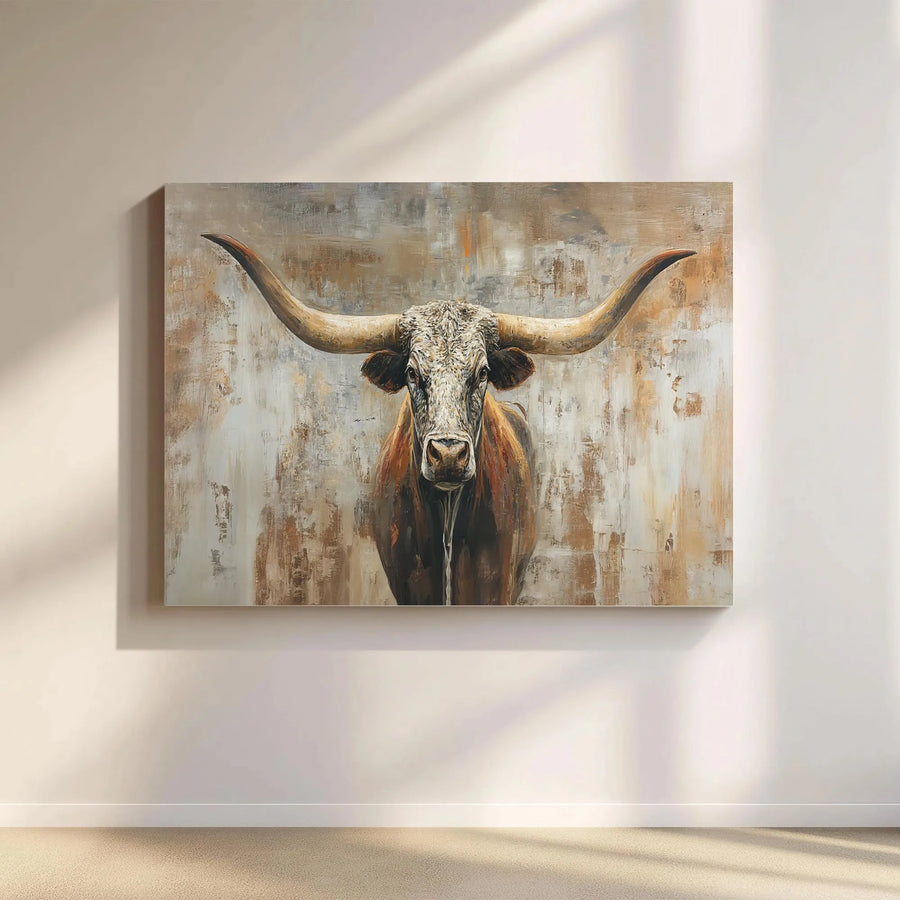 Texas Longhorn Bull Wall Art | Rustic Abstract Farmhouse Canvas Print | Premium Gallery Wrapped Decor | Western Home Office Gift Idea