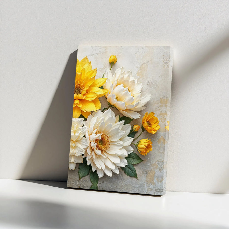 Yellow and White Dahlia Canvas Print | Textured Botanical Illustration | Premium Gallery Wrapped Canvas | Modern Farmhouse Living Room Decor Gift