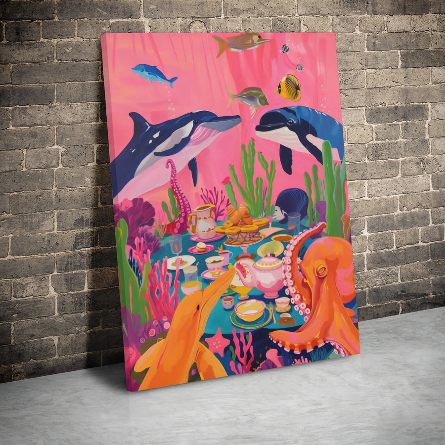 Whimsical Ocean Tea Party Canvas Art | Surreal Dolphin and Octopus Illustration | Premium 1.25-inch Gallery Wrap | Colorful Home Wall Decor Gift