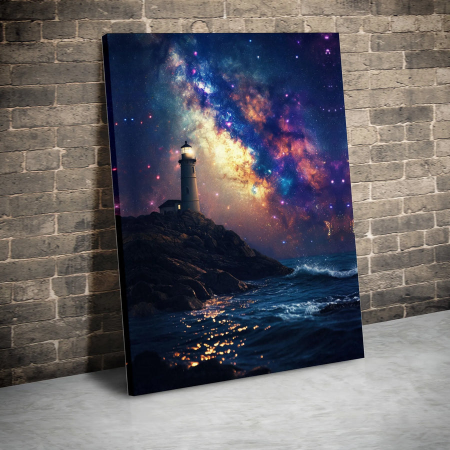 Lighthouse Canvas Wall Art | Cosmic Galaxy Night Sky Print | Premium Gallery Wrap Decor | Ready to Hang Coastal Home Gift