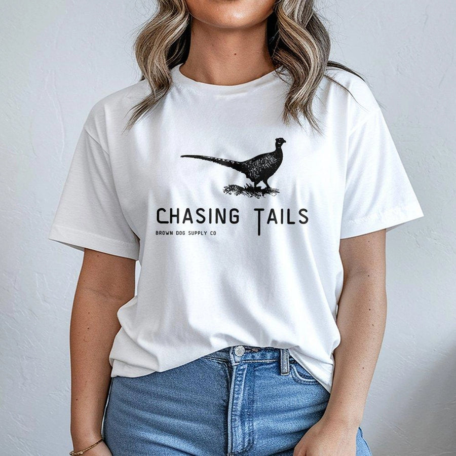 Pheasant Hunting T-Shirt | Chasing Tails Bird Dog Graphic | 100% Cotton Premium Apparel | Gift for Upland Bird Hunters and Outdoorsmen