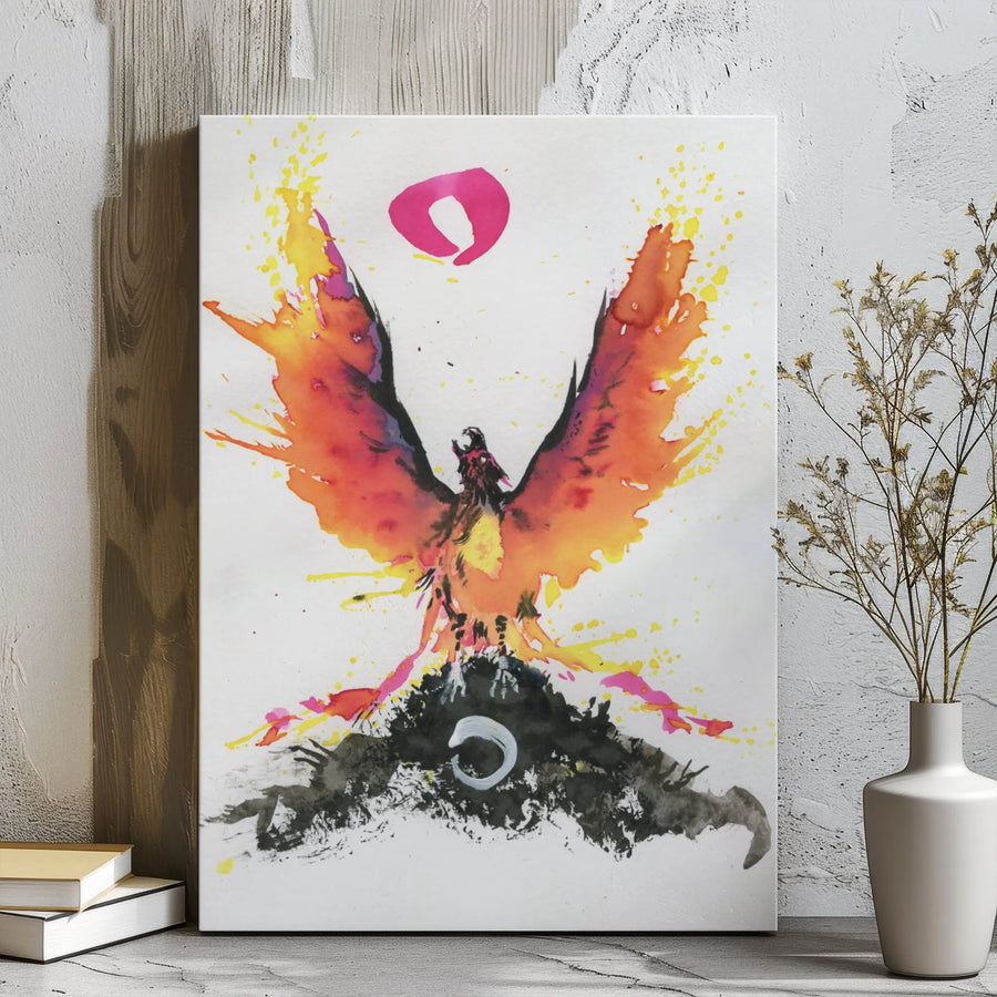 Phoenix Rising Canvas Art | Abstract Watercolor Fire Bird Decor | Premium 1.25" Gallery Wrap | Symbolic Wall Art Gift for Home or Office