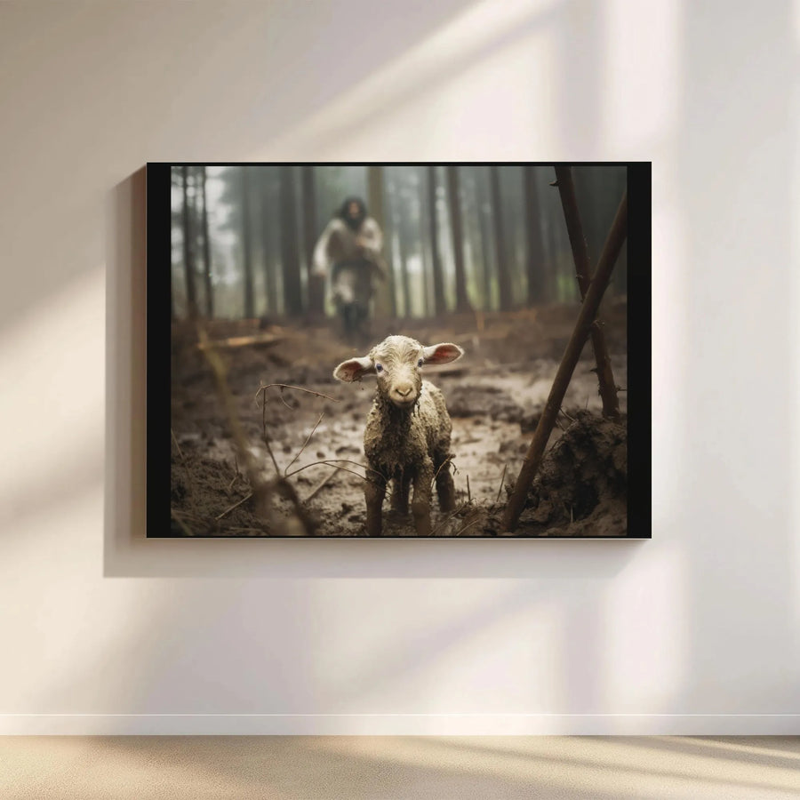 The Lost Sheep Canvas Wall Art | Jesus Finding The Lamb Portrait | Premium Gallery Wrap Decor | Religious Gift For Christian Home