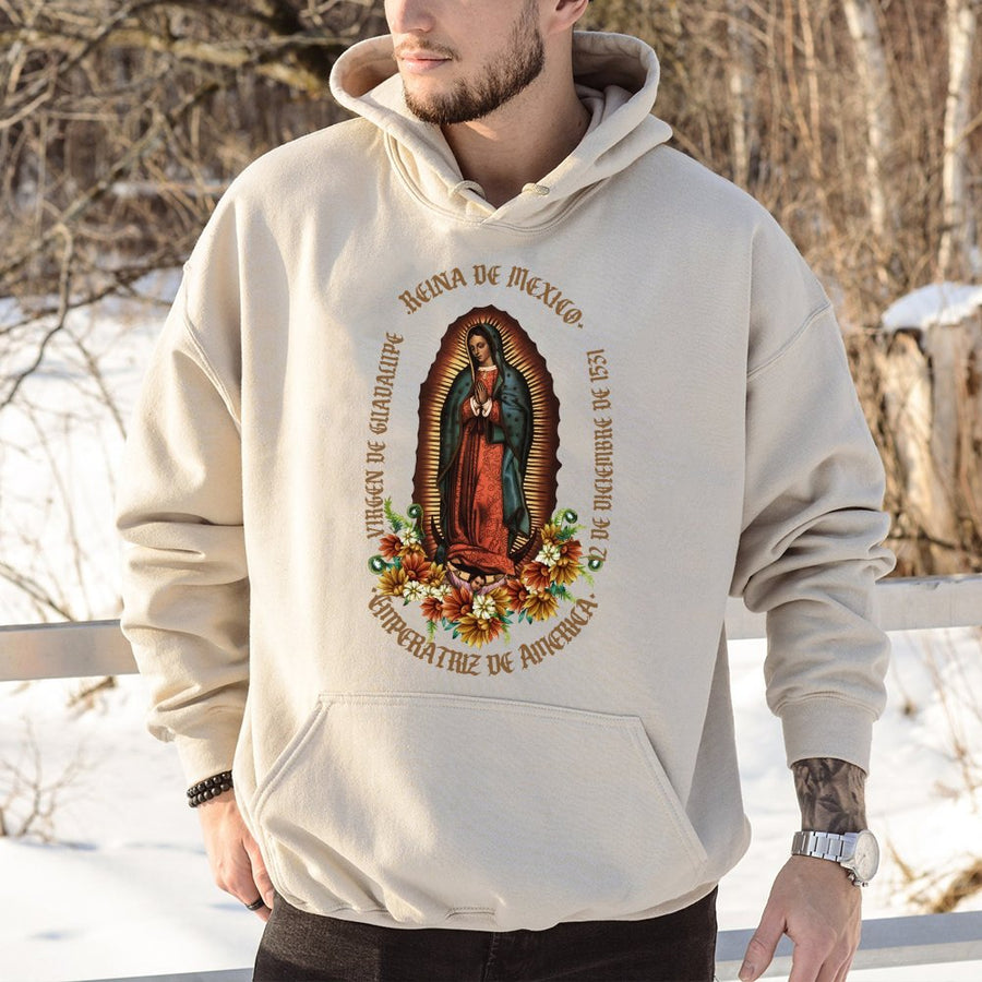 Virgin of Guadalupe Hoodie | Catholic Floral Religious Graphic | Premium Cotton-Blend Sweatshirt | Faith-Inspired Gift for Her and Him