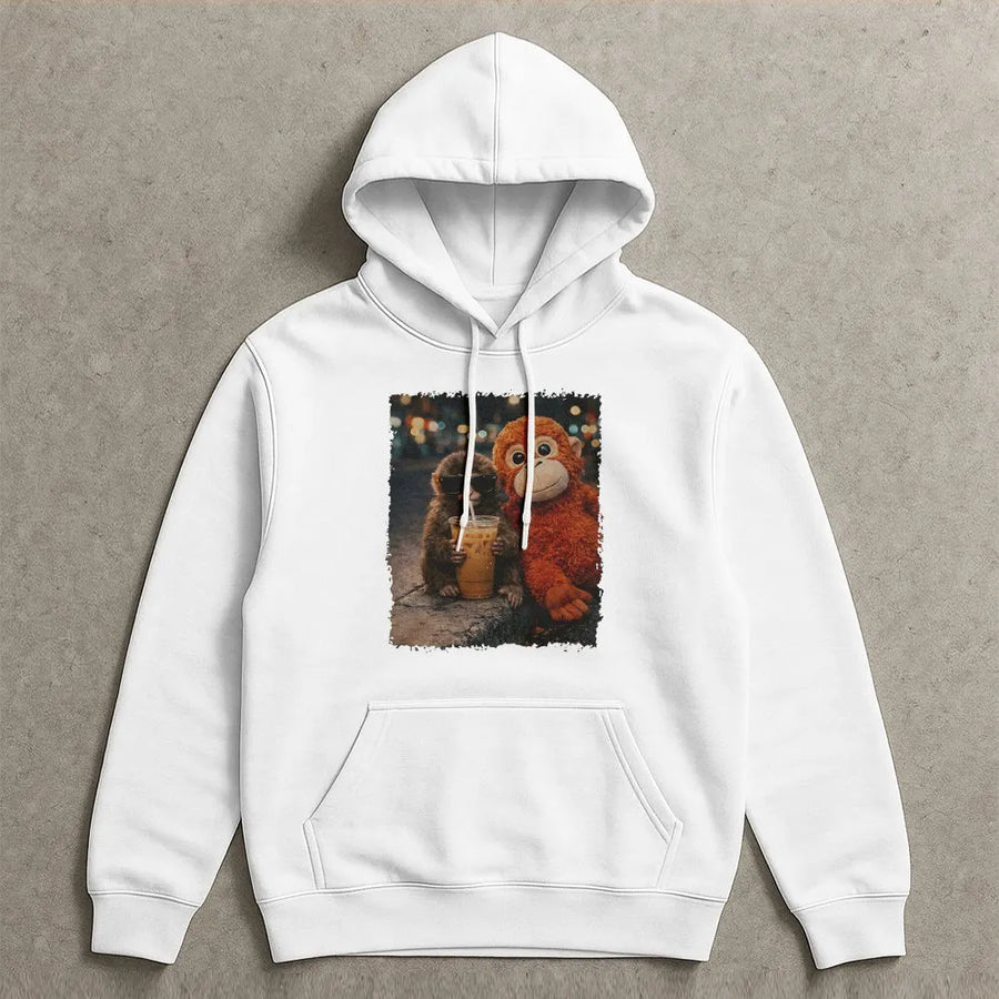 Monkey Iced Coffee Hoodie | Funny Cute Primate Graphic Pullover | Soft Cotton Blend Streetwear | Unique Animal Lover Gift for Him & Her