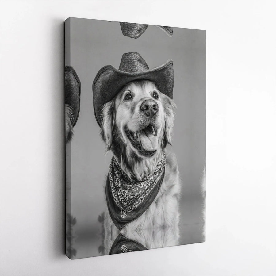 Cowboy Dog Canvas Wall Art | Golden Retriever Black and White Photo | Premium Gallery Wrap Canvas | Gift for Dog Lover & Western Home Decor