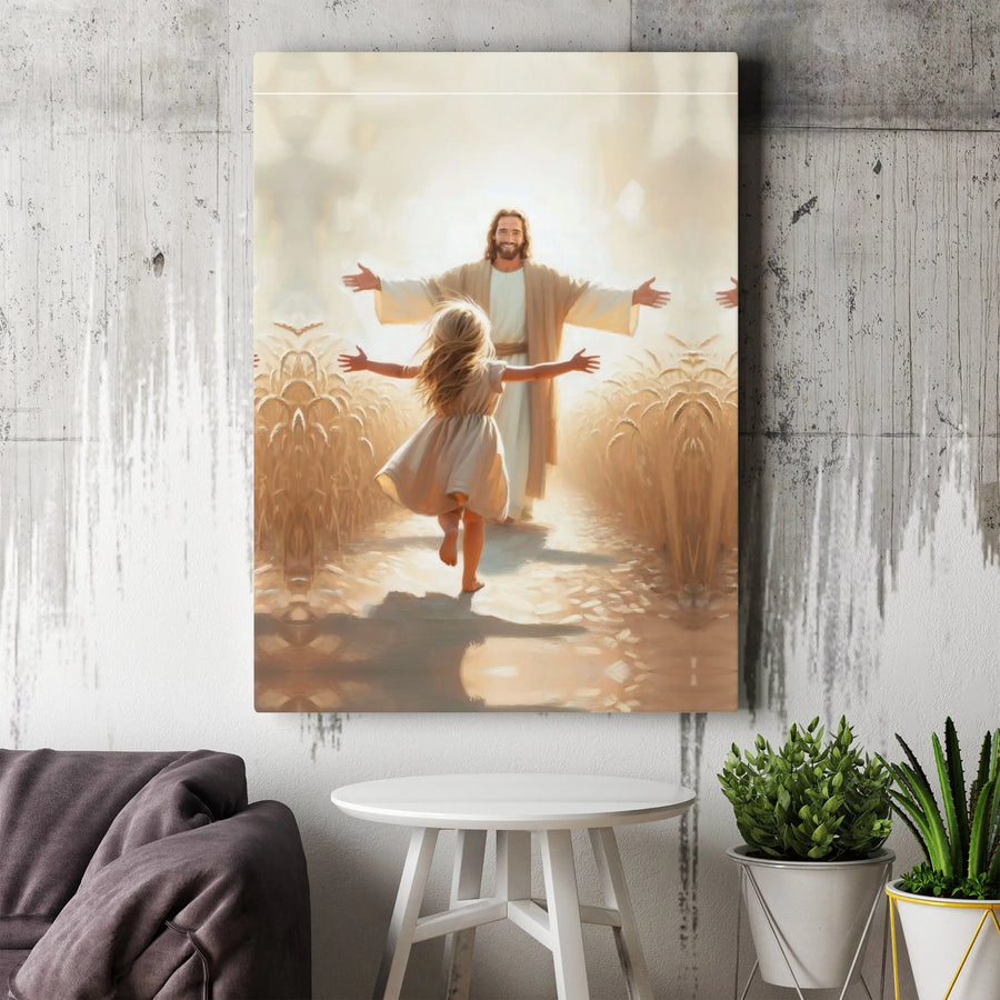 Jesus With Little Girl Canvas | Open Arms Religious Wall Art | Premium Fade-Resistant Gallery Wrap | Christian Home Decor Gift