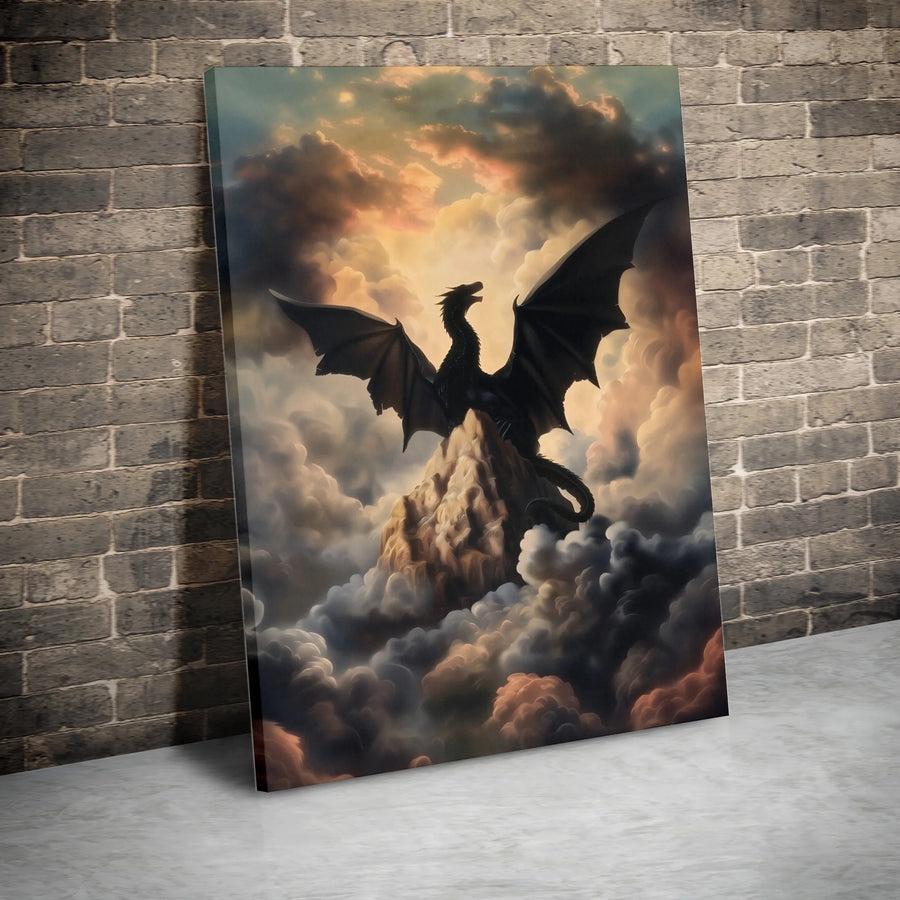 Black Dragon Canvas Wall Art | Majestic Mountain Peak Fantasy Decor | Premium Gallery Wrap Print | Mythical Creature Gift for Fantasy Lovers