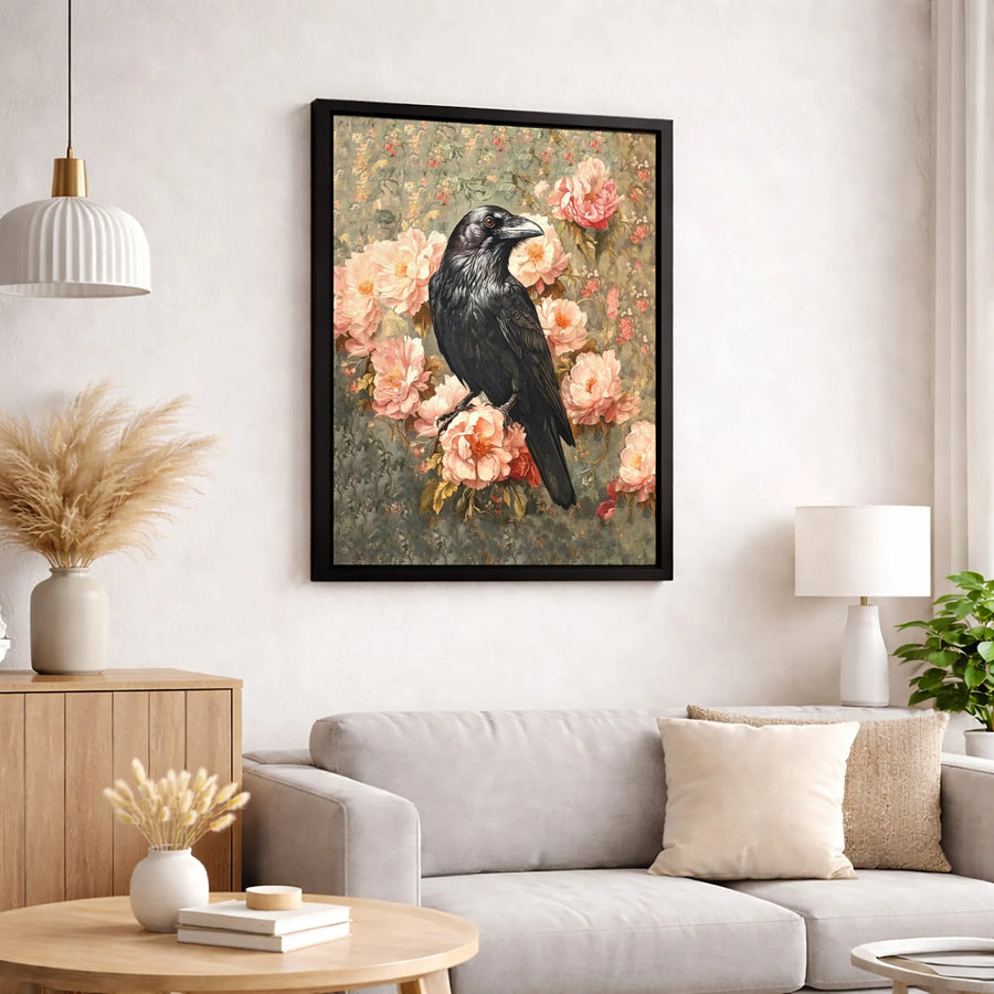 Gothic Crow Wall Art | Moody Raven on Pink Peony Floral Print | Premium 1.25-Inch Gallery Canvas | Dark Academia Home Decor Gift
