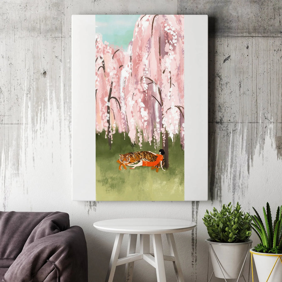 Tiger and Woman Canvas Wall Art | Japanese Style Pink Cherry Blossom Illustration | Premium 1.25" Thick Canvas | Zen Living Room Decor Gift