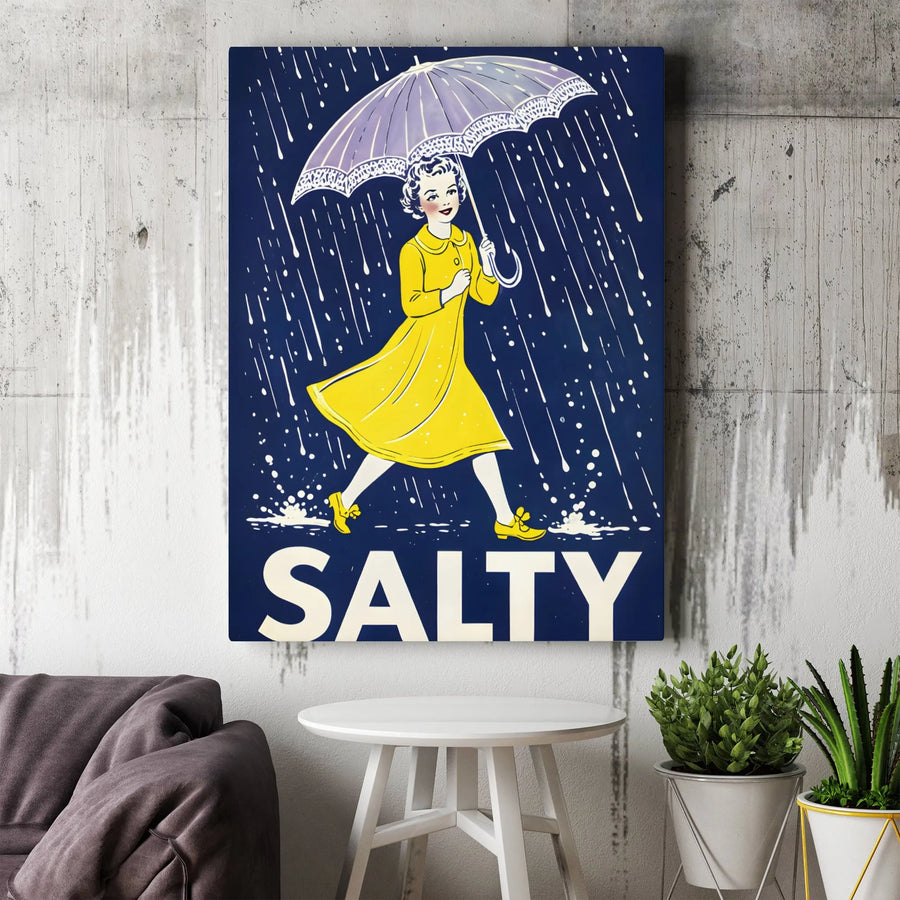 Salty Vintage Woman Rain Canvas | Retro Illustration Umbrella Wall Art | Premium 1.25-Inch Gallery Wrap | Quirky Home Office Decor Gift