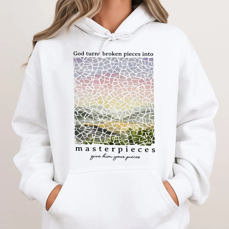God Turns Broken Pieces Into Masterpieces Hoodie | Inspirational Christian Quote Graphic | Premium Soft Cotton Blend | Religious Faith Gift For Her