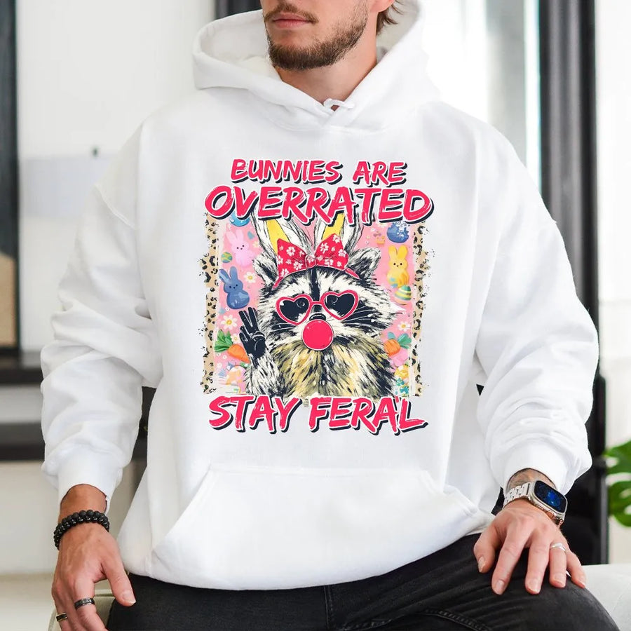 Bunnies Are Overrated Stay Feral Hoodie | Funny Raccoon Easter Graphic Sweatshirt | Premium Cotton-Blend Pullover | Sarcastic Gift for Animal Lovers