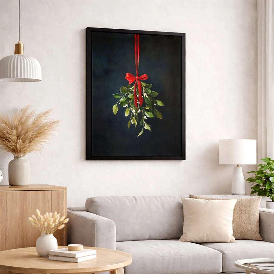Hanging Mistletoe Canvas Wall Art | Red Ribbon Christmas Decor | Premium Fade-Resistant Print | Elegant Holiday Home Wall Hanging