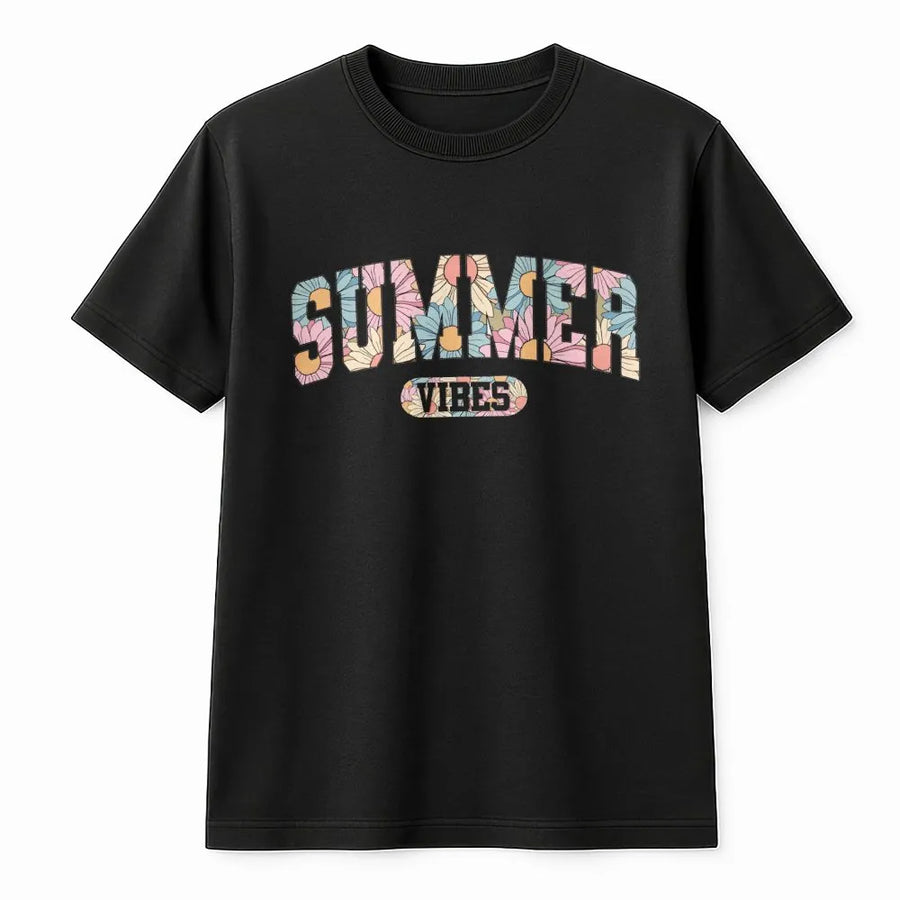 Summer Vibes T-Shirt | Retro Boho Floral Graphic Pullover | Soft Cotton Blend | Cute Beach Vacation Gift for Women