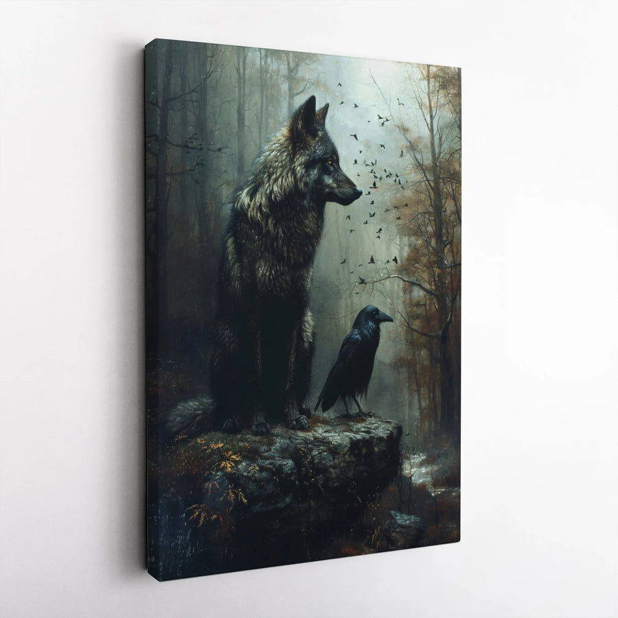 Wolf and Raven Canvas Wall Art | Dark Forest Mystical Wildlife Print | Premium Gallery Wrap Decor | Nature Lover Gift for Home Office